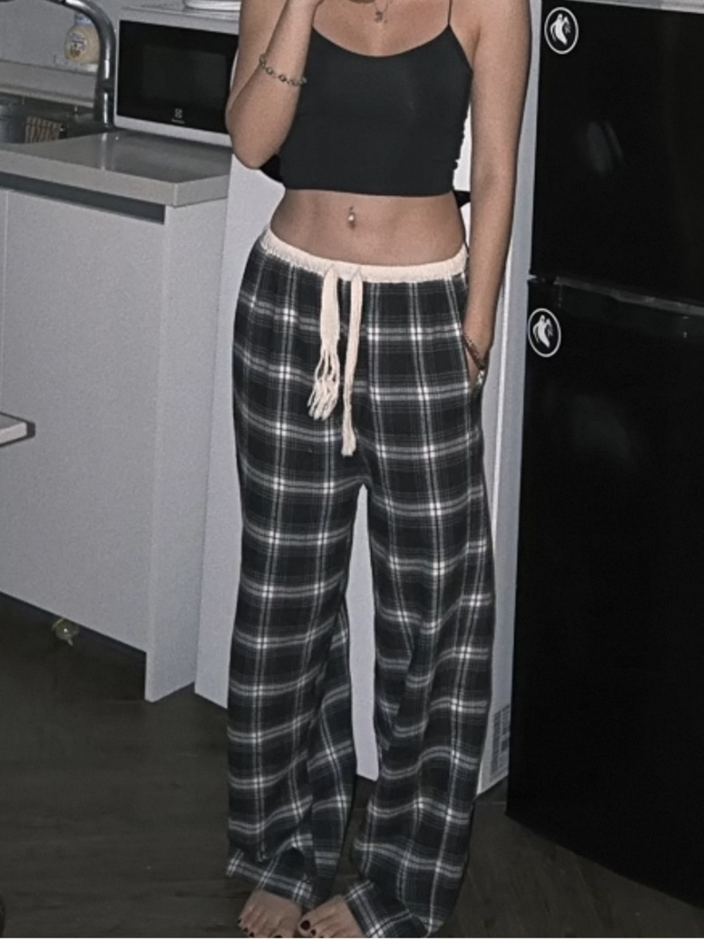 Plaid Drawstring Lounge Pants - Black/White